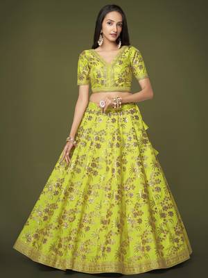 Seductive Neon Green Dori Zari And Sequins Embroidered Silk Indian Lehenga Choli Dress 6