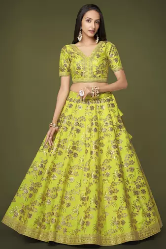 Seductive Neon Green Dori Zari And Sequins Embroidered Silk Indian Lehenga Choli Dress