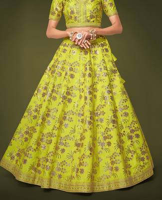 Seductive Neon Green Dori Zari And Sequins Embroidered Silk Indian Lehenga Choli Dress 7