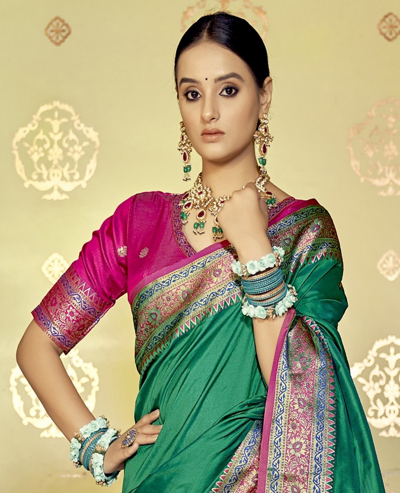 Sea green plain banarasi silk saree with blouse