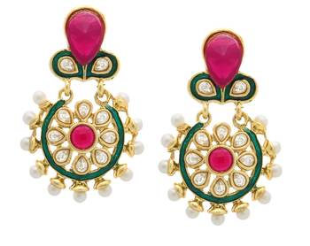 Flower Kundan Pearl Ruby Red Gold Plated Earring for Women 1