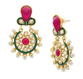 Flower Kundan Pearl Ruby Red Gold Plated Earring for Women 2