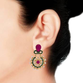 Flower Kundan Pearl Ruby Red Gold Plated Earring for Women 3
