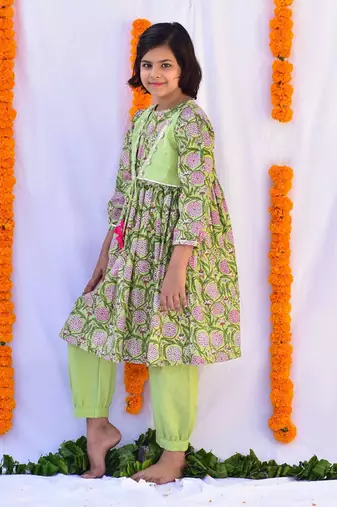 Green pista layered kurta set