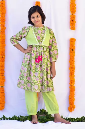 Green pista layered kurta set
