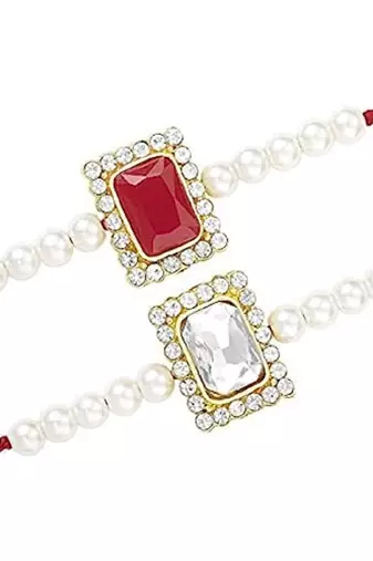 Designer Stone Pearl Studded Combo Rakhi Bracelet for Men/Brother/ Bhaiya (Pack of 2) (R010R-W)