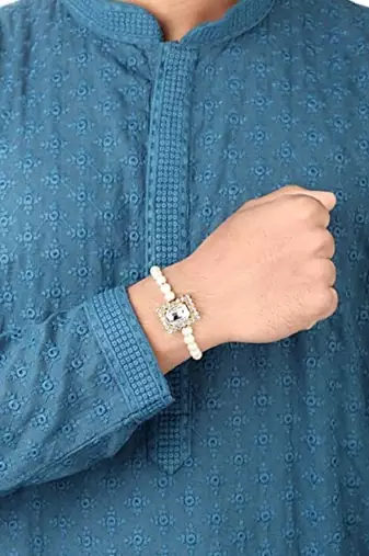 Designer Stone Pearl Studded Combo Rakhi Bracelet for Men/Brother/ Bhaiya (Pack of 2) (R010R-W)