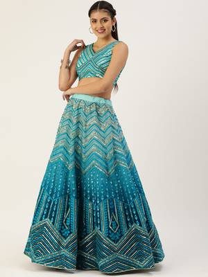 Panchhi Women Teal shading Net Sequinse Embroidered Semi-Stitched Lehenga & Blouse with Dupatta 5