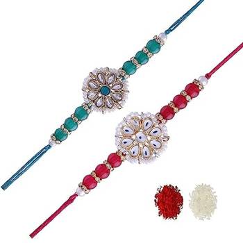 Ethnic Designer Pearl Beads Studded Rakhi Bracelet with Roli Chawal for Brother/Men 1
