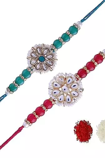 Ethnic Designer Pearl Beads Studded Rakhi Bracelet with Roli Chawal for Brother/Men(R068G-Q)Pack of 2 Rakhi