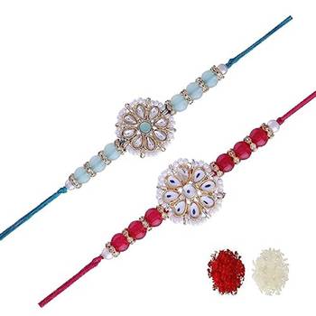 Ethnic Designer Pearl Beads Studded Rakhi Bracelet with Roli Chawal for Brother/Men 1