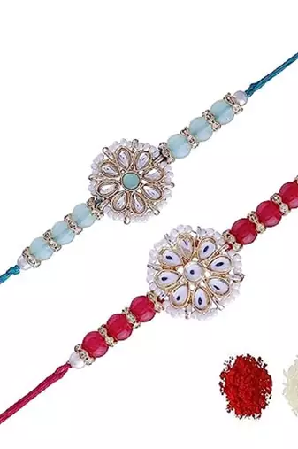 Ethnic Designer Pearl Beads Studded Rakhi Bracelet with Roli Chawal for Brother/Men