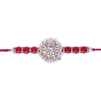 Ethnic Designer Pearl Beads Studded Rakhi Bracelet with Roli Chawal for Brother/Men 3
