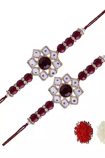 Ethnic Designer Pearl Beads Studded Rakhi Bracelet with Roli Chawal for Brother/Men (R079M-2)Pack of 2 Rakhi