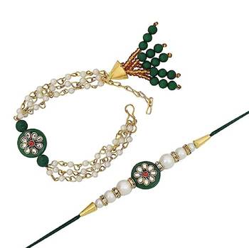 Designer Bhaiya Bhabhi Hanging Lumba Rakhi Combo Set With Roli Chawal for Rakshabhandan  1