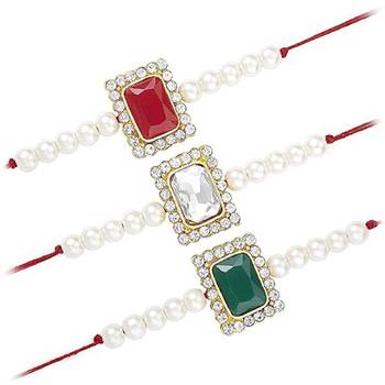  Designer Stone Pearl Studded Combo Rakhi Bracelet for Men/Brother/ Bhaiya (Pack of 3) (R010R-W-G) 1