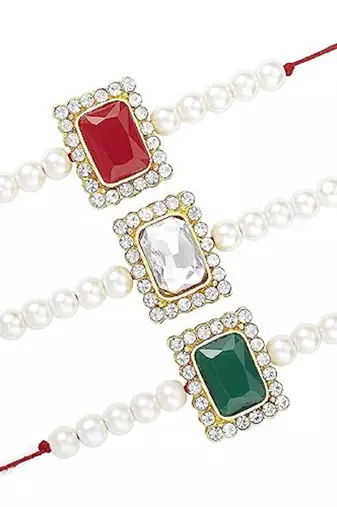  Designer Stone Pearl Studded Combo Rakhi Bracelet for Men/Brother/ Bhaiya (Pack of 3) (R010R-W-G)