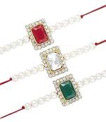  Designer Stone Pearl Studded Combo Rakhi Bracelet for Men/Brother/ Bhaiya (Pack of 3) (R010R-W-G)