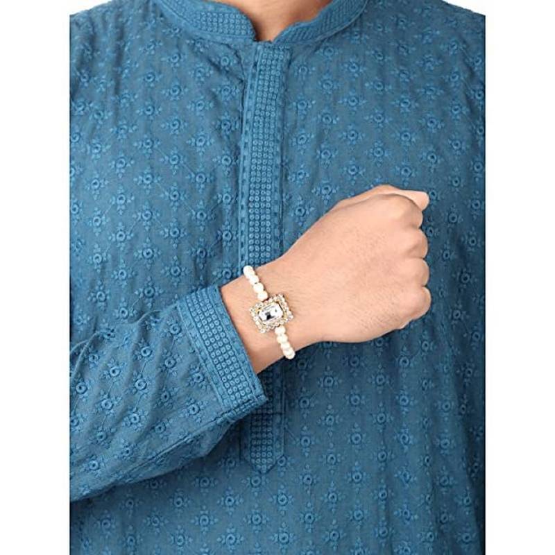  Designer Stone Pearl Studded Combo Rakhi Bracelet for Men/Brother/ Bhaiya (Pack of 2) (R010W-G)