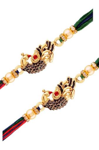  Designer CZ Pearl Multi-Colour Peacock Rakhi Combo For Men/Boys (R702-2) (Pack Of 2)
