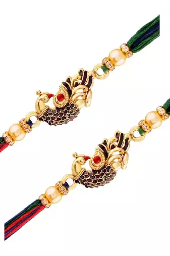  Designer CZ Pearl Multi-Colour Peacock Rakhi Combo For Men/Boys (R702-2) (Pack Of 2)