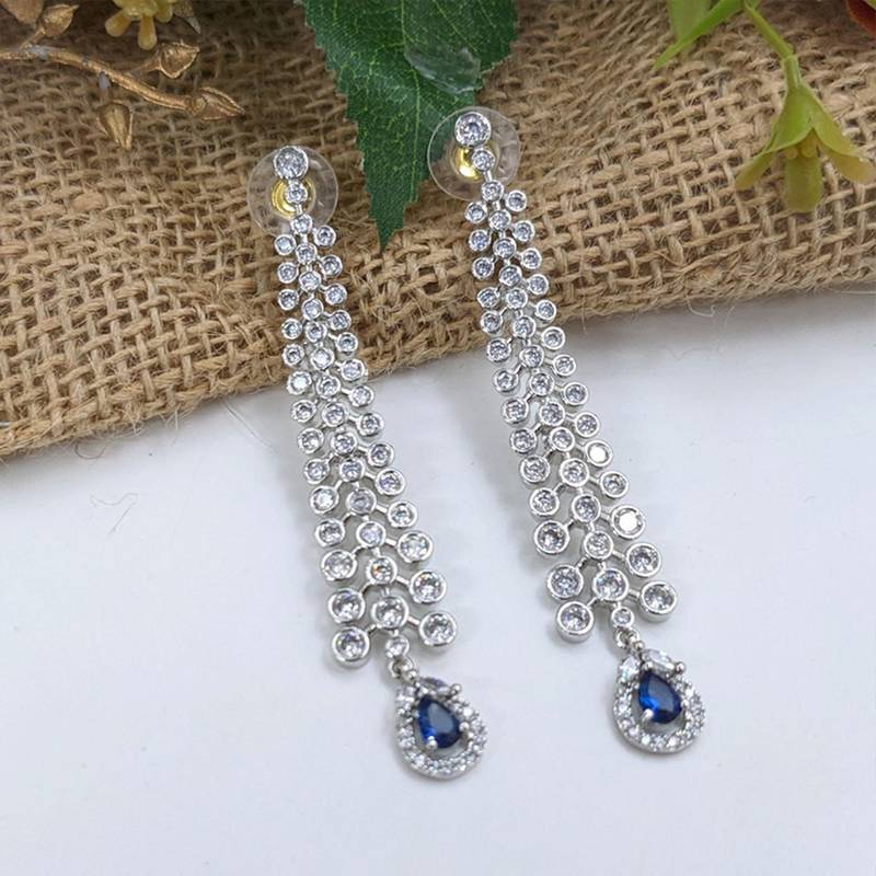 	ALYESHA EXCLUSIVE LONG CZ AMERICAN DIMOND SILVER PLATED CHANDELIER EARRINGS,INDIAN JEWELRY,STATEMENT EARRINGS,DIAMOND
