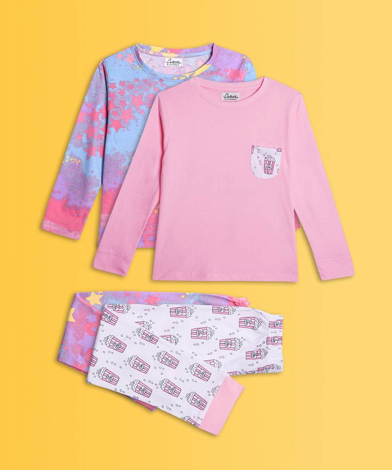 Popcorn pink and unicorn tie die star comfort fit long sleeve pyjama set (pack of 2)