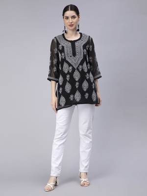 hand embroidered black georgette lucknowi chikan kurti 1