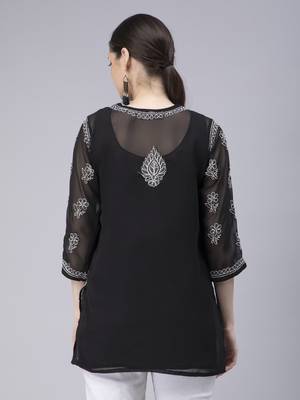 hand embroidered black georgette lucknowi chikan kurti 2
