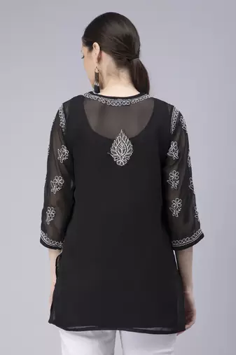 hand embroidered black georgette lucknowi chikan kurti