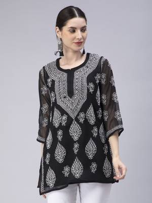 hand embroidered black georgette lucknowi chikan kurti 3