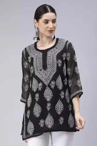 hand embroidered black georgette lucknowi chikan kurti