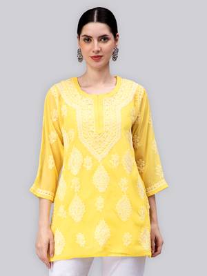 hand embroidered yellow georgette lucknowi chikan kurti 1