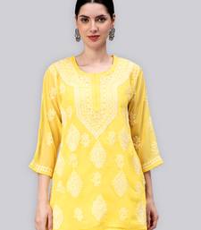 hand embroidered yellow georgette lucknowi chikan kurti