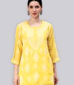 hand embroidered yellow georgette lucknowi chikan kurti