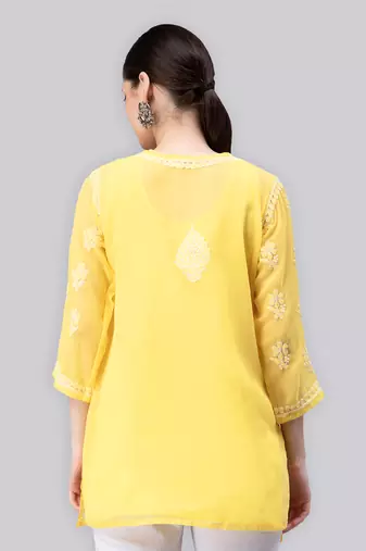 hand embroidered yellow georgette lucknowi chikan kurti