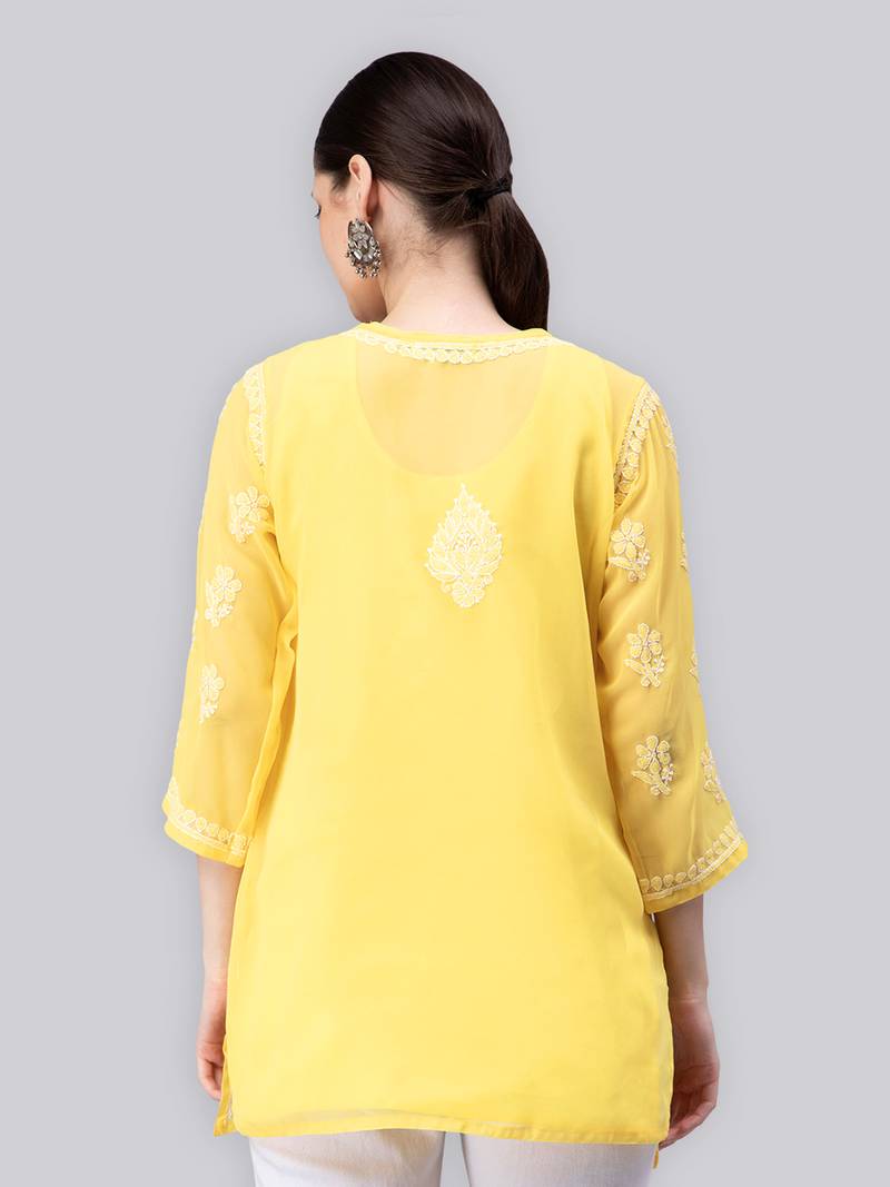 hand embroidered yellow georgette lucknowi chikan kurti