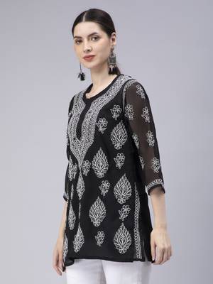 hand embroidered black georgette lucknowi chikan kurti 4