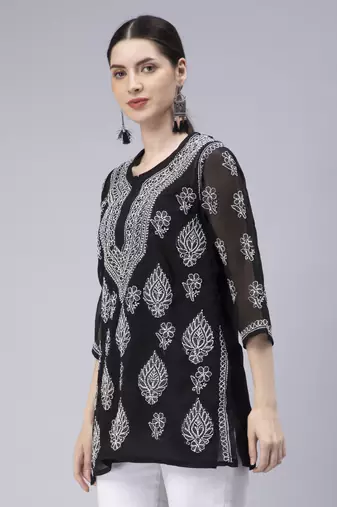 hand embroidered black georgette lucknowi chikan kurti