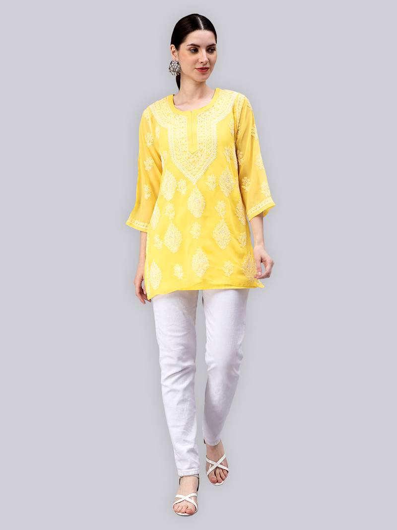 hand embroidered yellow georgette lucknowi chikan kurti