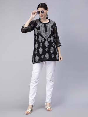 hand embroidered black georgette lucknowi chikan kurti 5