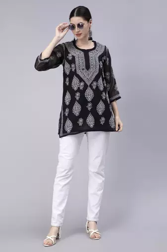 hand embroidered black georgette lucknowi chikan kurti