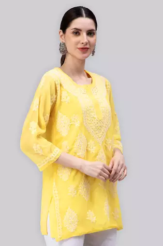 hand embroidered yellow georgette lucknowi chikan kurti