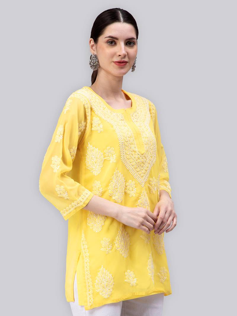 hand embroidered yellow georgette lucknowi chikan kurti