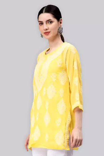 hand embroidered yellow georgette lucknowi chikan kurti