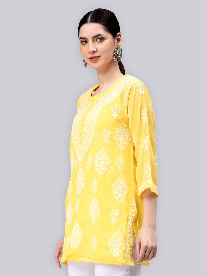 hand embroidered yellow georgette lucknowi chikan kurti