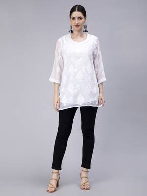 hand embroidered white georgette lucknowi chikan kurti 1