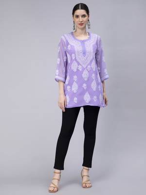 hand embroidered lavender georgette lucknowi chikan kurti 1