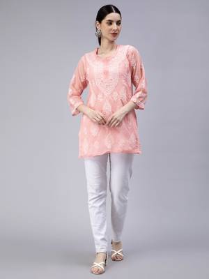 hand embroidered peach georgette lucknowi chikan kurti 1