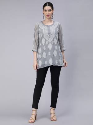 hand embroidered grey georgette lucknowi chikan kurti 1